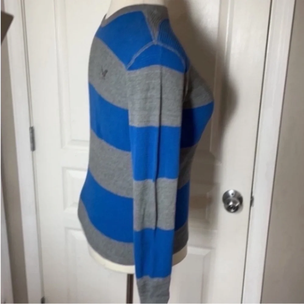 American Eagle Shirt Thermal Striped Sweater Gray Blue Long Sleeve Stripes Knit - Picture 3 of 16